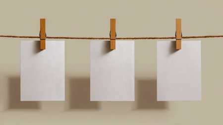 Three pristine white tags suspended by clips on a natural twine, gently shaded against a neutral...