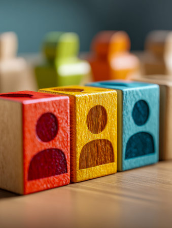 Brightly painted wooden figures and blocks aligned on a workspace convey unity, collaboration, and...