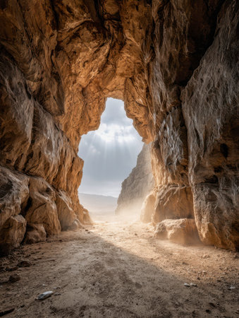 Golden rays spill into a rugged cavern, casting warmth on the textured floor and unveiling a vast,...