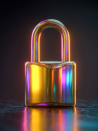 A luminous, see-through padlock radiates vivid neon hues, casting dynamic reflections on a dark backdrop, embodying the essence of digital safety and cybersecurity.の写真素材