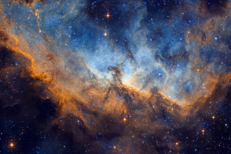 A sprawling nebula showcases vibrant blue and fiery orange star clusters, casting an ethereal glow...