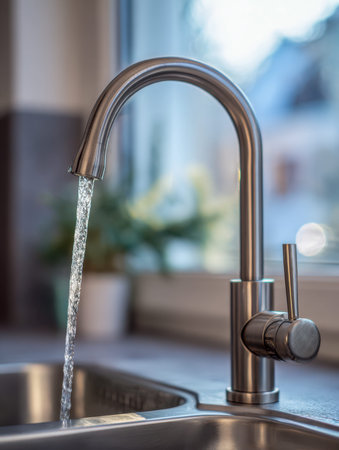 Bright morning light highlights a sleek faucet pouring crisp water into a spacious double basin,...