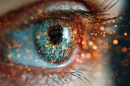 A close-up of a human eye capturing a luminous digital matrix and vibrant orange orbs, symbolizing...