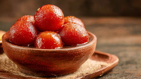 Rustic ceramic dish filled with glossy, syrup-drenched sweet dumplings rests on a wooden surface, evoking warm, homemade comfort amid a softly blurred backdrop.の写真素材