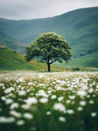 A solitary tree rises gracefully in a sea of delicate white blossoms, nestled before gentle green...