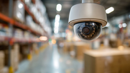 A security camera captures the bustling interior of an expansive storage facility, where towering shelves stock neatly arranged boxes and equipment under bright induの写真素材