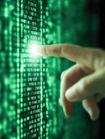 A human digit taps a luminous, transparent interface filled with streaming binary symbols, immersed...