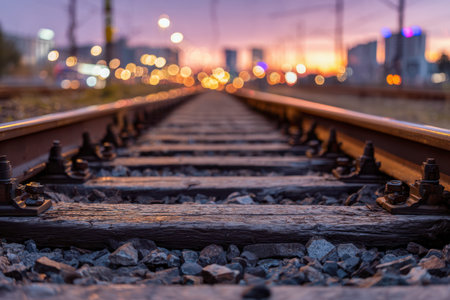 As evening falls, train rails stretch toward a lively metropolis illuminated by a fiery sunset,...