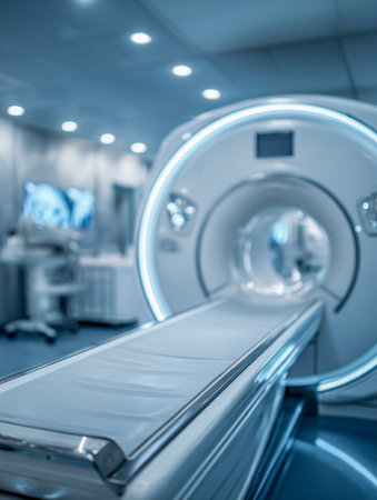 A sleek, state-of-the-art mri scanner occupies a bright, spotless clinical space, embodying a calm...