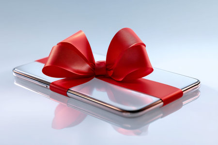 A sleek contemporary mobile device adorned with a luxurious red ribbon and bow, poised on a glossy surface that highlights its sophisticated design under gentle illuの写真素材