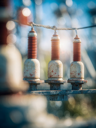 Weathered metal parts cling to a towering electrical line, illuminated by golden sunlight, with a blurred, tranquil landscape creating a calm outdoor scene.の写真素材