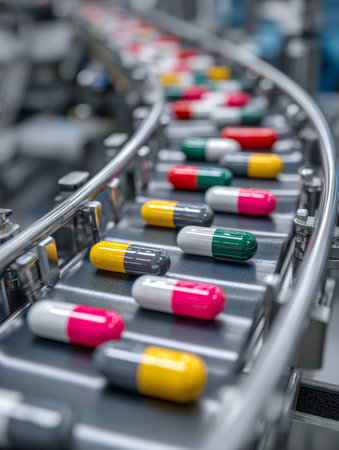 Vibrant pills roll steadily on a sleek belt within a cutting-edge factory, highlighting precision...