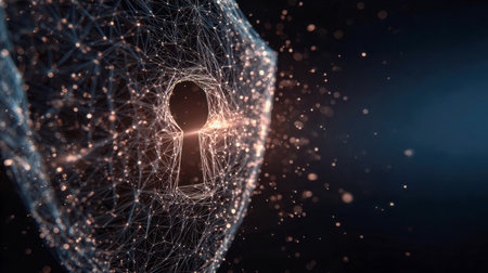 A vibrant web of interconnected digital lines encircles a luminous central icon, emphasizing the themes of secure access, data shielding, and advanced technology inの写真素材