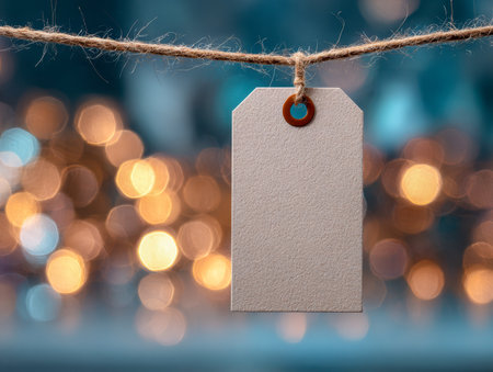 A rustic, earthen-toned tag with a tactile surface dangles gently from a coarse jute string, illuminated by the cozy glow of blurred holiday lights, perfect for seasの写真素材