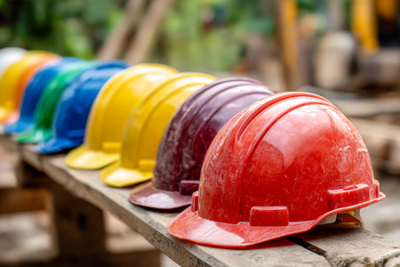 An array of brightly colored helmets aligned meticulously on a wooden table, representing collaboration, safety standards, and the spirit of construction teamwork.の写真素材