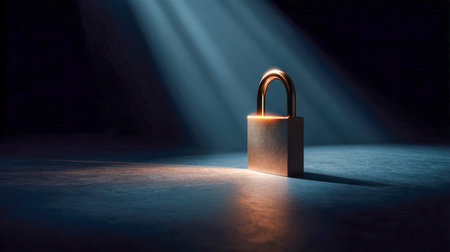 A sleek metal latch bathed in sharp, directional lighting creates a striking contrast against the shadowy background, evoking themes of safety, confidentiality, andの写真素材