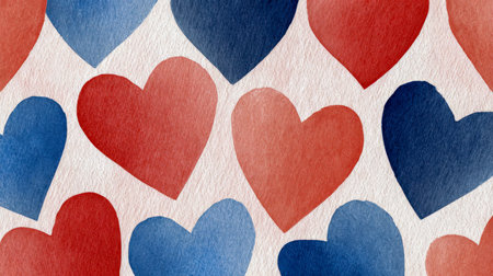 An array of vibrant watercolor hearts in red and blue, scattered randomly on a textured white...