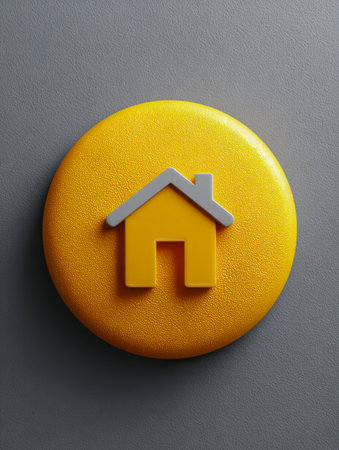 A vibrant yellow circular element featuring a simple gray and yellow house symbol, set against a textured gray surface, evoking themes of property and homeownership.の写真素材