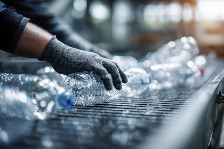 A laborer in safety gloves meticulously organizes discarded containers along a moving belt,...