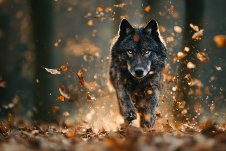 A fierce black wolf sprints across a russet-colored woodland floor, leaves swirling around it,...