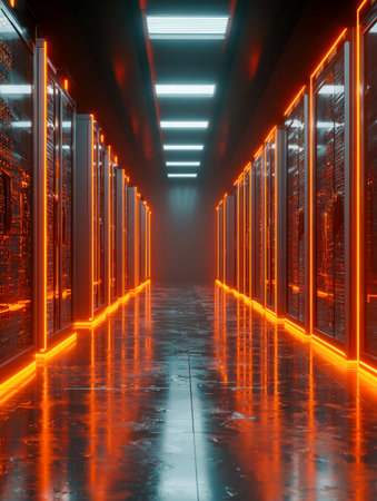 A sleek, futuristic hallway features shimmering orange illumination, lined with advanced server racks on a reflective surface under bright overhead panels, evoking hの写真素材