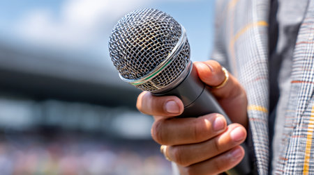 A confident individual grips a high-quality microphone, poised to engage an eager crowd in an open-air venue, with vibrant audience energy softly fading into the bacの写真素材