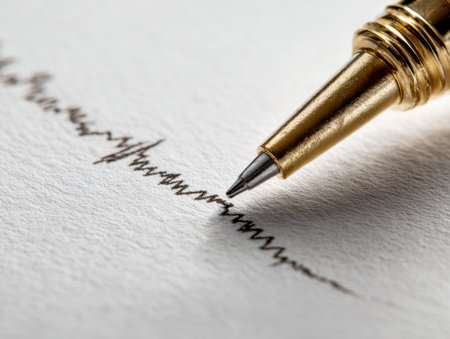 A close-up of a shimmering gold writing instrument gliding over rough white paper, creating spontaneous, irregular dark lines under gentle natural illumination.の写真素材