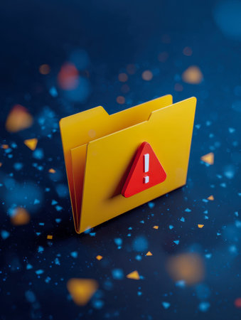 A bright yellow folder icon featuring a prominent red alert symbol, set against a sleek digital...