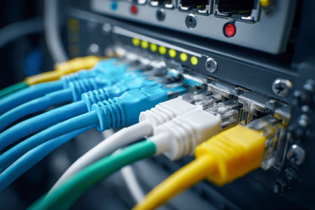 Vibrant ethernet cords in diverse hues connect to a switch's ports, their illuminated indicators...