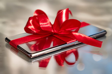 A sleek smartphone, adorned with a glossy red ribbon and bow, rests on a mirrored surface that...