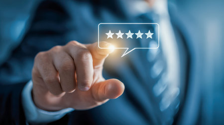 A professional in a tailored suit gestures a five-star approval amid a luminous digital display,...