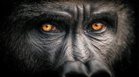 A commanding gorilla's piercing golden gaze reveals rich facial details and profound emotion,...