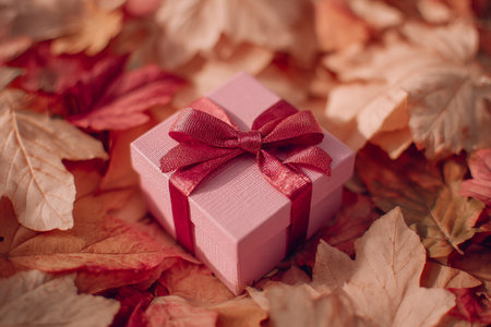 A delicate pink package adorned with a crimson bow rests amidst colorful fall foliage, bathed in...