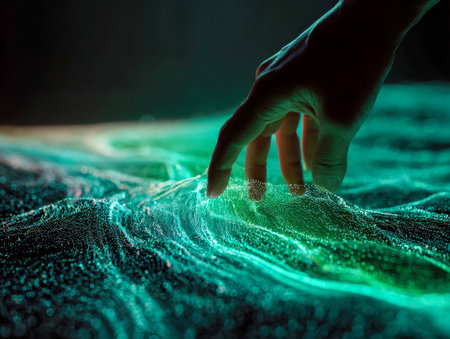 A human hand gently hovers above vibrant, shimmering digital orbs forming a dynamic wave, embodying advanced technology and immersive virtual interface concepts.の写真素材