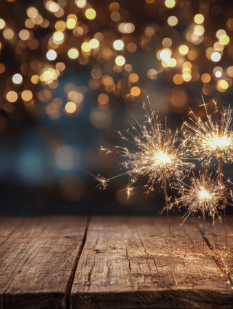 Vibrant fireworks sparkle across a weathered wooden table, with soft bokeh glow in the distance evoking a cozy, joyful holiday gathering ambiance.の写真素材