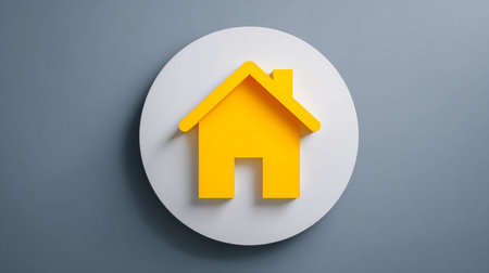 A vivid yellow house icon sits atop a sleek white circle, set against a gentle gray backdrop,...