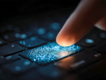 A close-up of a finger pressing a glowing biometric sensor embedded within a computer keyboard key,...