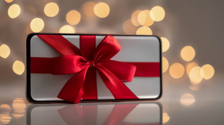 A sleek smartphone showcases a festive gift with a bright red ribbon, set against a glowing bokeh backdrop and reflective surface, perfect for holiday celebration thの写真素材