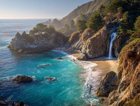 A tranquil shoreline illuminated by sunset hues, where a concealed waterfall spills onto soft sands amid towering cliffs and dense evergreen foliage.の写真素材