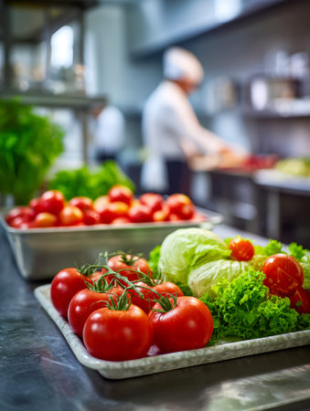 Vibrant tomatoes and lush greens are artfully displayed on trays, while skillful chefs work...