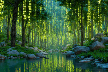 A mystical woodland panorama where shimmering streams of digital numbers descend like luminous rain...