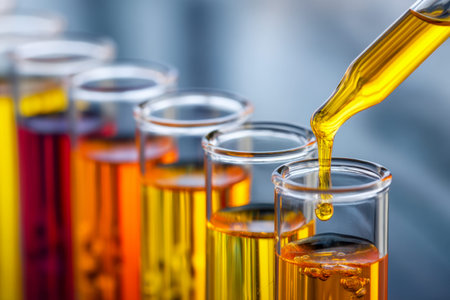 A scientist delicately adds vibrant liquids into clear glass tubes, highlighting a meticulous...