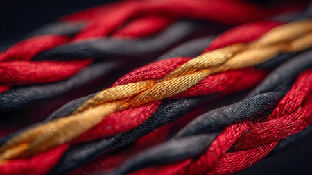 An intricate close-up of lustrous threads in crimson, ebony, and shimmering gold weaving together a...