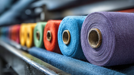 Brightly hued fabric rolls are lined up precisely on a textile machine, with keen detail on purple...