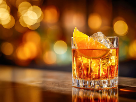 A sophisticated drink with rich golden hue, garnished with a juicy orange wedge, shimmering in a crystal tumbler atop a glossy surface, illuminated by soft, warm ligの写真素材