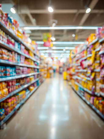 A bustling supermarket with bright lighting highlights rows of vivid packaging, energizing shoppers as they explore a wide array of fresh and packaged essentials.の写真素材