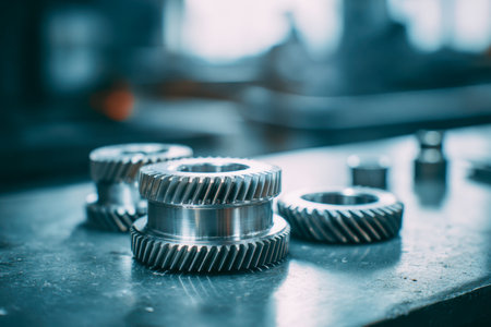 Meticulously organized metal cogs rest on a workshop surface, with a subtle glow accentuating fine-tuned engineering parts amid a softly lit, out-of-focus backgroundの写真素材