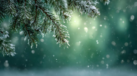 Delicate pine boughs cloaked in fresh snow sway quietly in a tranquil winter woodland, bathed in...