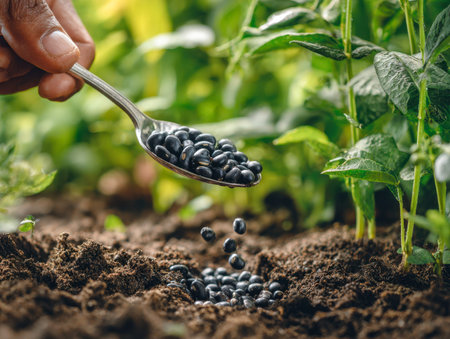 A person gently places dark beans into prepared soil with a spoon, surrounded by lush green bean...