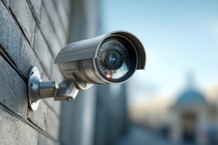 A sleek metal surveillance device affixed to a rough concrete surface, overseeing a bustling...